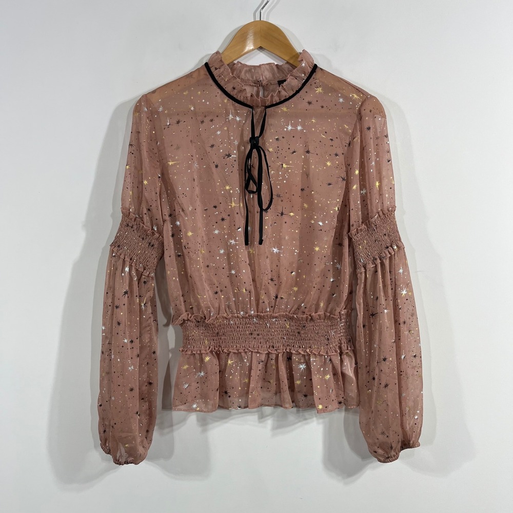 WetSeal Y2K Victorian Whimsigoth Celestial Star Boho Chic Sheer Top Peplum Large